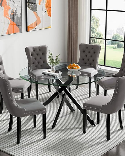 HomVent 7 Piece Round Glass Dining Table Set, Tempered Glass Dinner Table Set for 6 Kitchen Table Set with 6 Velvet Upholstered Chairs for Kitchen Dining Room