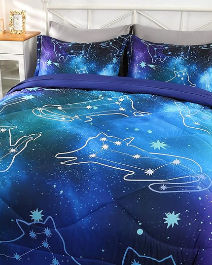 Wowelife Galaxy Bedding Comforter Set Full Size with Sheets, 5-Piece Blue 3D Galaxy Bed in A Bag Full for Kids Bed Set with Comforter, Flat Sheet, Fitted Sheet and 2 Pillowcases
