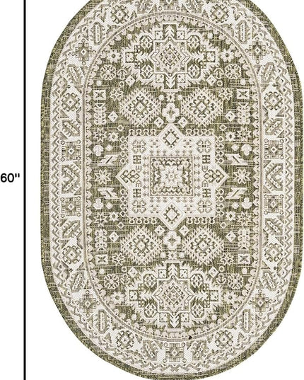 Rugs.com Outdoor Aztec Collection Rug – 3' x 5' Oval Green Flatweave Rug Perfect for Living Rooms, Large Dining Rooms, Open Floorplans