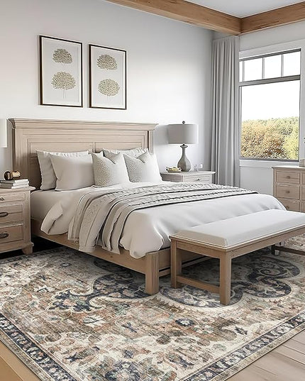 ReaLife Rugs Machine Washable Area Rug - Living Room Bedroom Bathroom Kitchen Entryway Office - Padded Low Pile Stain Resistant Premium - Boho Farmhouse Vintage - Joy - Brown Beige 7'6" x 9'6"