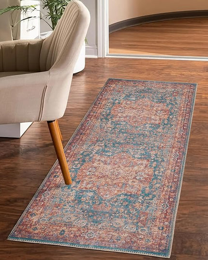 GLN Rugs Traditional Collection - Machine Washable Area Rug, Traditional Washable, Non Slip, Low Pile Chenille Rug, Living Room, Bedroom, Kitchen Rug (2'6"x7' Terra/Green)