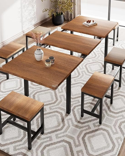 iPormis 7-Piece Dining Table Set with 6 Stools, 63" Extendable Kitchen Table Set for 4-8, Modern Dining Room Table with Sturdy Metal Frame, Space-Saving Dinette, Walnut