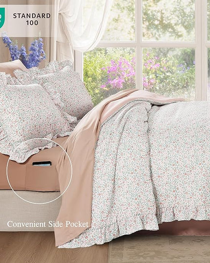 Full Comforter Set - 7 Pieces Ruffle Pink Ditzy Bedding Sets, Shabby Chic Farmhouse Bed in a Bag Full with Floral Comforter, Sheets, Pillowcases & Shams