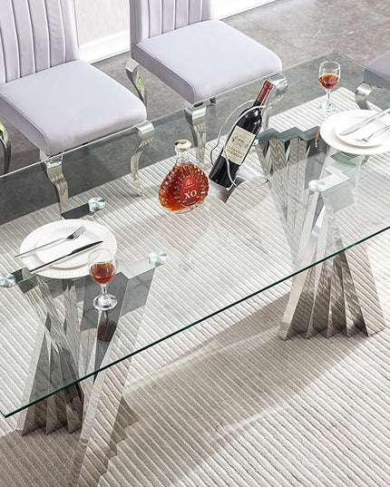 70" Glass Dining Table,Silver Dinner Room Glass Table for 6 8,Modern Kitchen Dinner Table with Stainless Steel Base and Clear Tempered Glass Top for Living Dining Room