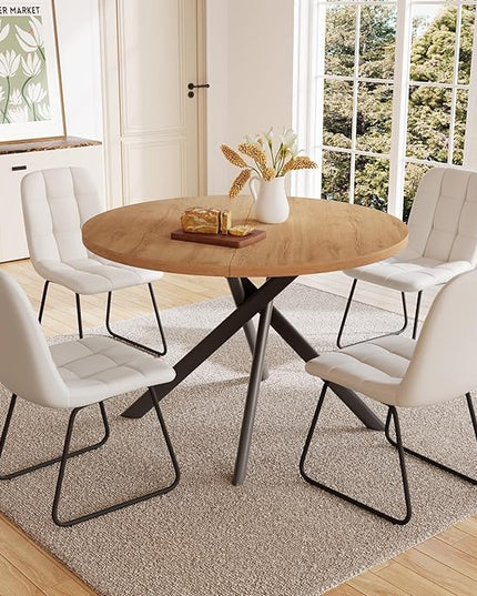 45.3 Inch Round Dining Table Set for 4, Mid Century Modern Small Kitchen Coffee Set for Dining Room Kitchen Apartment (Oak Table + 4 U-Shaped White Chairs)