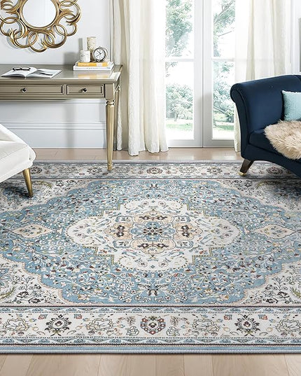 Ciicool Oriental Area Rug 5x7 for Living Room Washable Rugs Blue Floral Medallion Large Rugs Non-Slip Low-Pile Mat Floor Carpets Vintage Rug for Dining Bedroom Foyer Decor (Sky/Baby Blue)