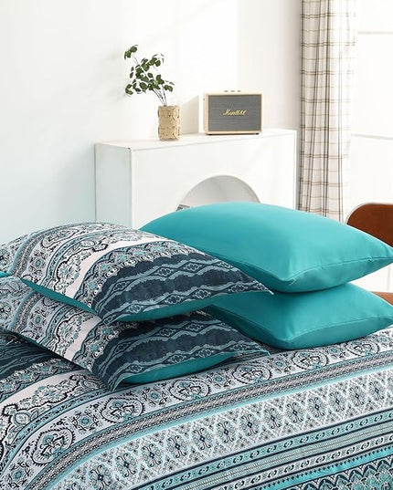 Cottolester Boho Queen Comforter Set 8 Pieces, Teal Comforter Bohemian Striped Bed in A Bag,Soft Microfiber Bedding Set for All Seasons