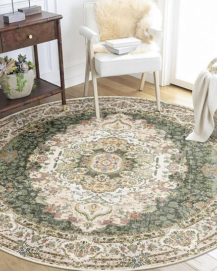 Green Round Rug 5ft, Circle Boho Area Rugs for Bedroom Living Room,Washable Vintage Bohemian Distressed Oriental Carpet Non Slip,Sage Floral