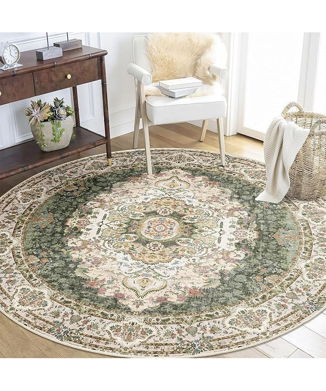 Green Round Rug 5ft, Circle Boho Area Rugs for Bedroom Living Room,Washable Vintage Bohemian Distressed Oriental Carpet Non Slip,Sage Floral