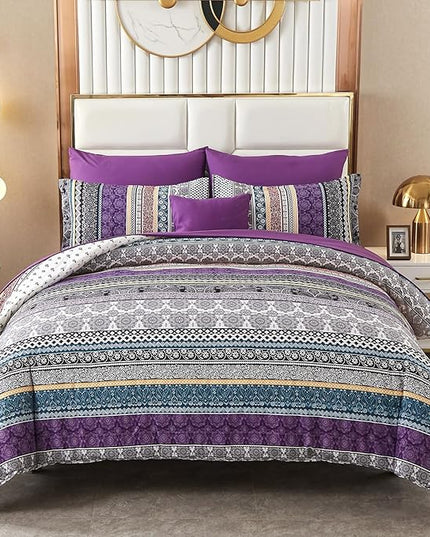 Boho Comforter Set California King Size,8 Piece Bed in a Bag Bohemian Striped Bedding Quilt Set,Purple Paisley Floral Comforter and Sheet Set,Soft Microfiber Complete Bedding Sets for All Season