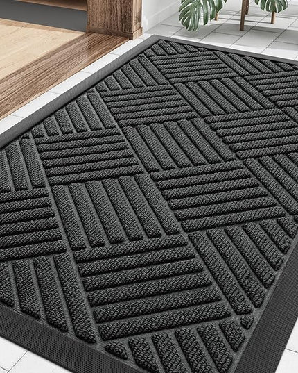 Smiry Front Door Mat Outside Entrance, Heavy Duty Outdoor Indoor Natural Rubber Doormat, Non Slip, Trap Dirt and Moisture, Easy Clean, Low Profile Patio Porch Entryway Mat, 29.5x17, Black
