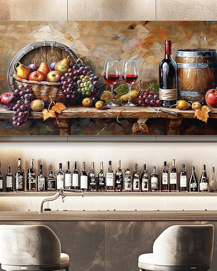 XIGUANGART Red Wine Glass Wall Art Grape Barrel Painting Kitchen Artwork Prints for Dinning Room Bar Large Canvas Wall Decor for Living Room Office Fruit Still Life Picture Modern Home Decoration