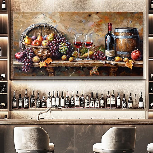 XIGUANGART Red Wine Glass Wall Art Grape Barrel Painting Kitchen Artwork Prints for Dinning Room Bar Large Canvas Wall Decor for Living Room Office Fruit Still Life Picture Modern Home Decoration