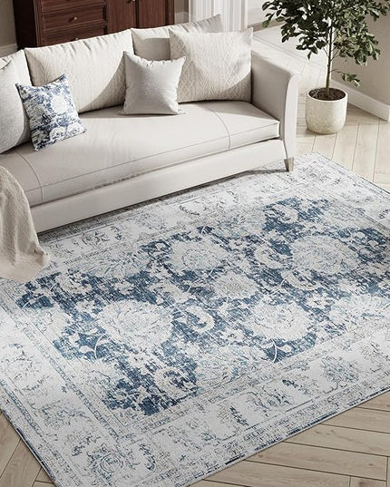 jinchan Fiora 4x6 Area Rugs for Bedroom - Machine Washable Distressed Vintage Floral Design Stain Resistant Boho Carpet Ultra-Thin Low Pile Non-Slip Rug for Living Room Dining Room (4‘x6', Dark Blue)