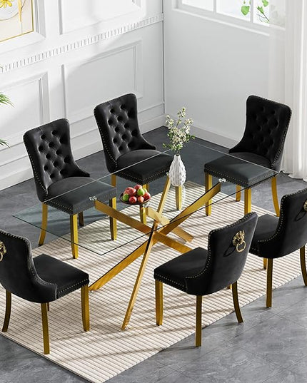 Modern 7-Piece Glass Dining Table Set for 6, Modern 60" Rectangle Gold Glass Dining Room Table Set with Black Velvet Tufted Chairs Wood Legs for Kitchen Dining Room