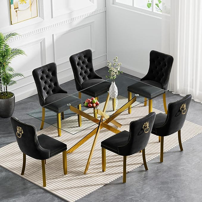 Modern 7-Piece Glass Dining Table Set for 6, Modern 60" Rectangle Gold Glass Dining Room Table Set with Black Velvet Tufted Chairs Wood Legs for Kitchen Dining Room