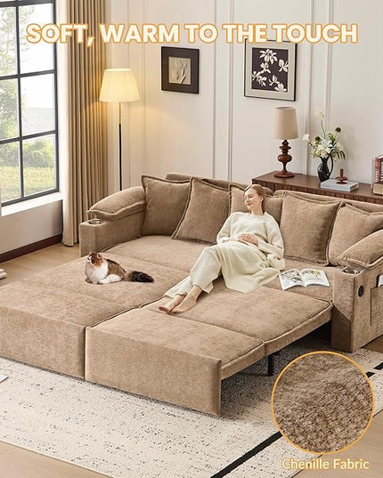 SUNWAVE 83" King Size Pull Out Sofa Bed, 4-in-1 Convertible Sleeper Sofa Bed with USB Ports, Cup Holders, Side Pockets, Corduroy Oversized Loveseat Chaise Lounge for Living Room, Small Space