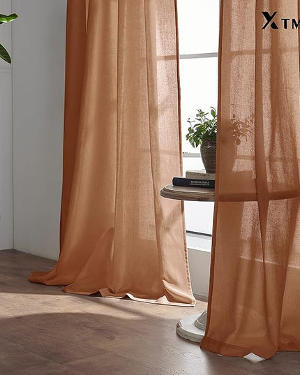 XTMYI Terracotta Vintage Boho Curtains, Rust Colored Linen Sheer Rustic Farmhouse Western Curtains for Bedroom Living Room Home Decor, 84 Inches Long, 2 Panels Set