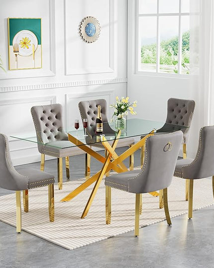 Rectangle Glass Dining Table Set for 6, 60'' Kitchen Table and Chairs Set, 7PCS Modern Dining Room Table Set with 6 Velvet Dining Chair for Home