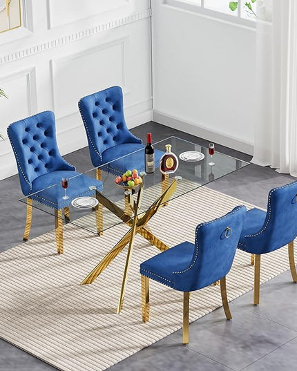 HomVent Rectangular Glass Dining Table Set for 4, Modern Tempered Glass Kitchen Table Set and Chairs, Rectangular Glass Dining Room Table Set for Kitchen (Gold, 52 inch Gold Table with 4 Blue Chairs)