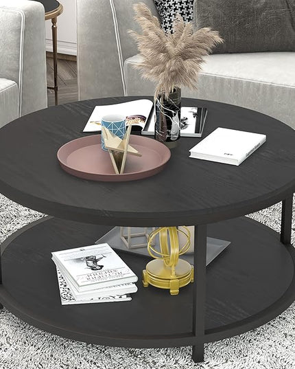 NSdirect Round Coffee Table, 36" Rustic Wooden Surface Top & Sturdy Metal Legs Industrial Sofa Table for Living Room Modern Design Home Furniture with Storage Open Shelf (Black Oak)