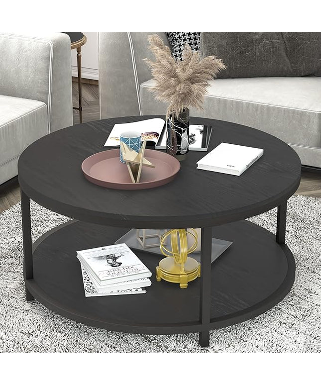 NSdirect Round Coffee Table, 36" Rustic Wooden Surface Top & Sturdy Metal Legs Industrial Sofa Table for Living Room Modern Design Home Furniture with Storage Open Shelf (Black Oak)