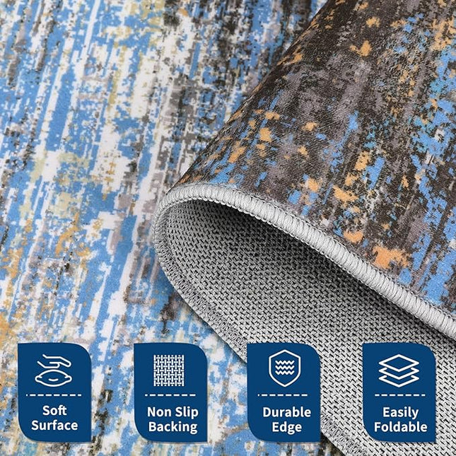 Washable Rug 5x7 Abstract Area Rug for Living Room, Non Slip Foldable Soft Rugs for Bedroom, Stain Resistant Rugs Modern Fuzzy Rug, Indoor Floor Carpet for Entryway Home, Blue/Brown