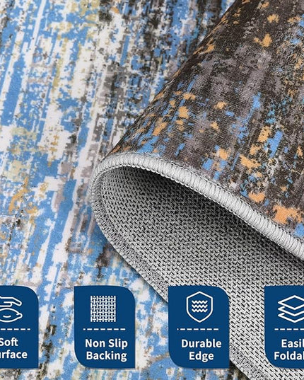 Modern Abstract Living Room Rug 8x10, Washable Area Rugs for Bedroom, Stain Resistant Non Slip Large Rug, Soft Indoor Carpet for Dining Room Table Home Decor, Blue/Brown