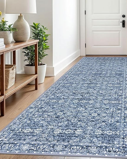 3x8 Washable Runner Rug for Kitchen, Blue Soft Classic Runner with Non-Slip, Non-Shedding Distressed Floral Rug for Hallways Entryway Bedroom Bathroom Laundry Indoor