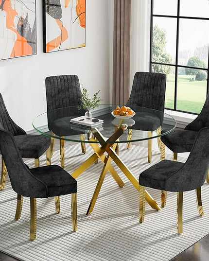 Round Glass Dining Table Set for 6, 47'' Clear Circular Kitchen Table and Chairs Set, 7PCS Modern Circle Dining Room Table Set with 6 Dining Chair for Home