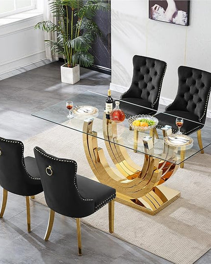 Henf 5-Piece Glass Dining Table Set with 4 Upholstered Dining Chairs,Large Glass Dining Room Table Set for 4, Modern Kitchen Table Furniture for Dining Room, Gold Dining Table and Chair Set for 4