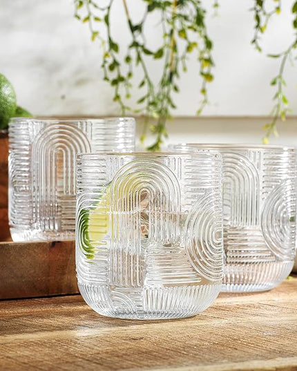 Glaver's Whiskey Glasses 13 oz Rocks Glass Double Old Fashioned Set of 4 DOF Home Bar Thick Glasses Embossed Designed Elegant Clear Modern Vintage Drinking Glassware