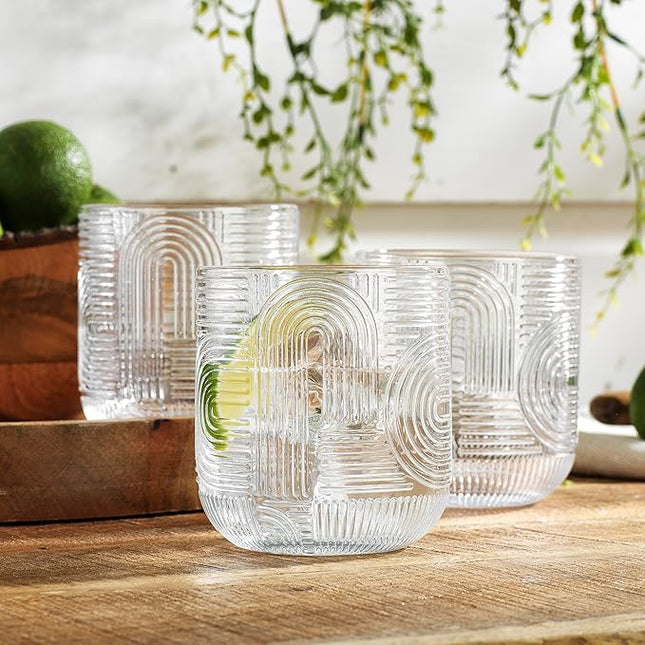 Glaver's Whiskey Glasses 13 oz Rocks Glass Double Old Fashioned Set of 4 DOF Home Bar Thick Glasses Embossed Designed Elegant Clear Modern Vintage Drinking Glassware
