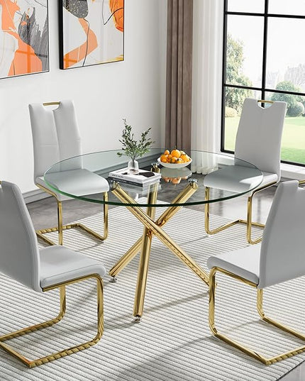 HomVent Round Glass Dining Table Set for 4, 5-Piece Modern Kitchen Table Set with 4 PU Upholstered Chair for Kitchen Dining Room, Glass Dining Room Table Set