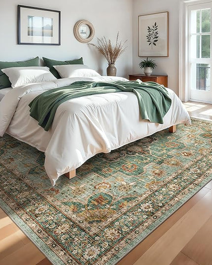 Green Living Room Rug - Washable 9x9 Area Rug for Dining Room Under Table Oriental Soft Low Pile Carpet for Bedroom - Vintage Design Retro Indoor Decor (Green, 9x9)