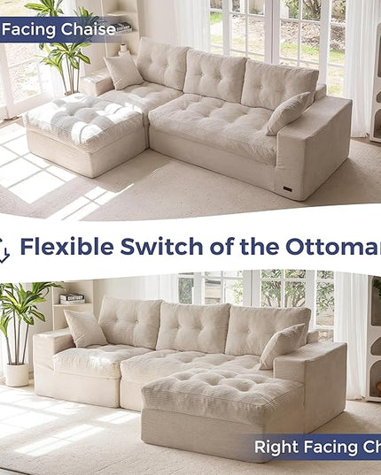 MAXYOYO 104" L Shaped Modular Sectional Sofa with Ottoman, Cloud Boneless Couch with Layered Cushion, Upholstered Sofa in a Box, Flexible Module Combination for Living Room, No Assembly, Beige