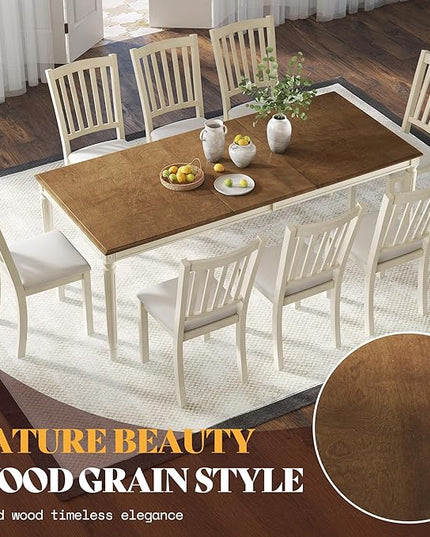 AMERLIFE 9-Piece Farmhouse Solid Wood Dining Table Set with 8 Upholstered Chairs, Roman Conical Legs, Seats up to 8, 79'' Dining Table & Chairs Set for Kitchen and Dining Room, Rustic Cream