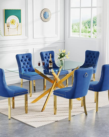 Rectangle Glass Dining Table Set for 6, 60'' Kitchen Table and Chairs Set, 7PCS Modern Dining Room Table Set with 6 Velvet Dining Chair for Home