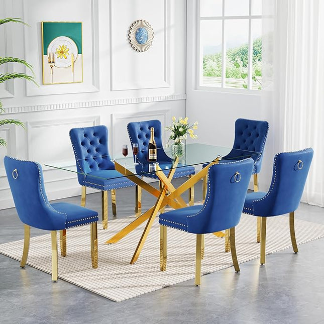 Rectangle Glass Dining Table Set for 6, 60'' Kitchen Table and Chairs Set, 7PCS Modern Dining Room Table Set with 6 Velvet Dining Chair for Home