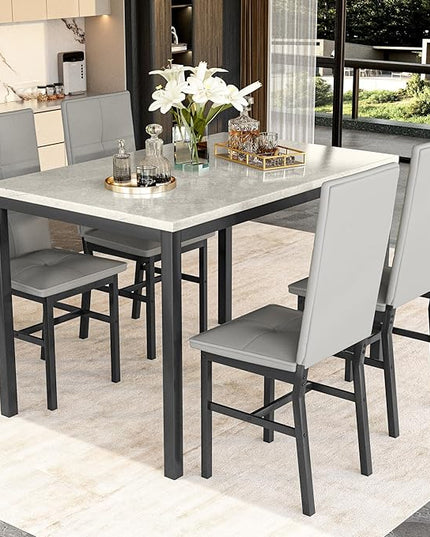 Hooseng Dining Table Set for 4, Modern Faux Marble Kitchen Table with 4 PU Leather Chairs, 5-Piece Small Dining Room Table Set for Dinette, Breakfast Nook, Grey