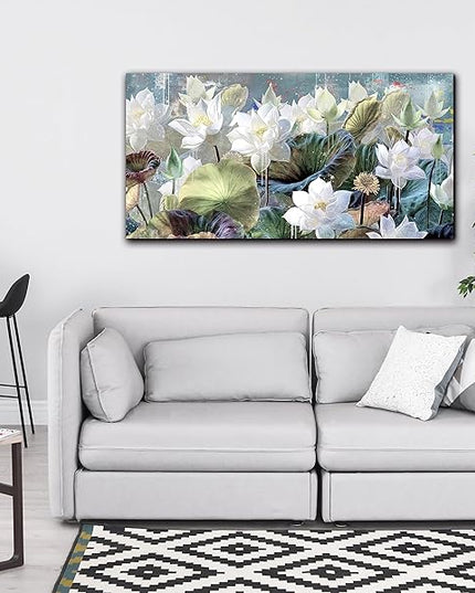 GUGIKA Flower Wall Art for Living Room, White Lotus Canvas Wall-Art for Bedroom, Watercolor Floral Print Paintings, Size 48x24 Inches
