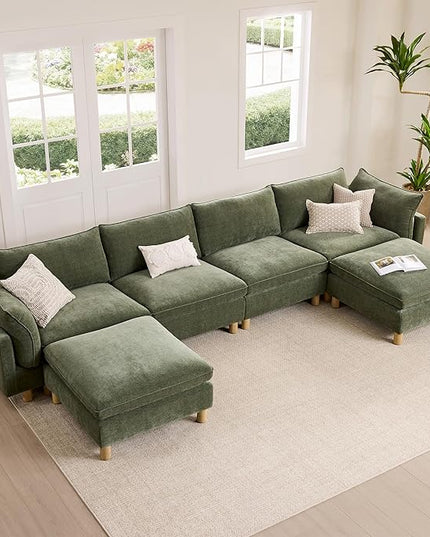 CHITA 161" Super Large Sectional Couches for Living Room, Modular Cloud Couch Sectional Sofa, Premium Fabric Couches, Down Filled, High Density Foam, Chenille in Green, 6 Seat U Shaped
