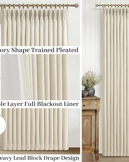 Light Beige Natural Linen Blackout Curtains 90 Inches Long 2 Panels Set for Patio Sliding Door, Modern Pinch Pleat Double Layer Sun Block Window Drapes for Office 40 x 90 Inch Cream Decorative Curtain