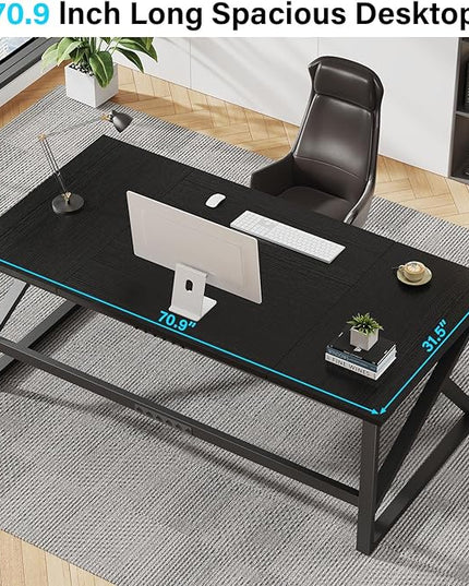 IBF Long Black Computer Desk, Large Executive Office Desk for 2 People Work Writing Study, 70 Inch Industrial Metal Wood Dual Monitor Desk Workstation, Modern Simple Double PC Gaming Table in Bedroom