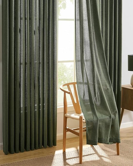 RAIN CITY 100 Inch Pinch Pleated Curtains 2 Panels Set Custom Length Olive Green, Semi Sheer Living Room Curtain Back Tab with Hooks, Privacy Back Tab Linen Window Drapes for Bedroom