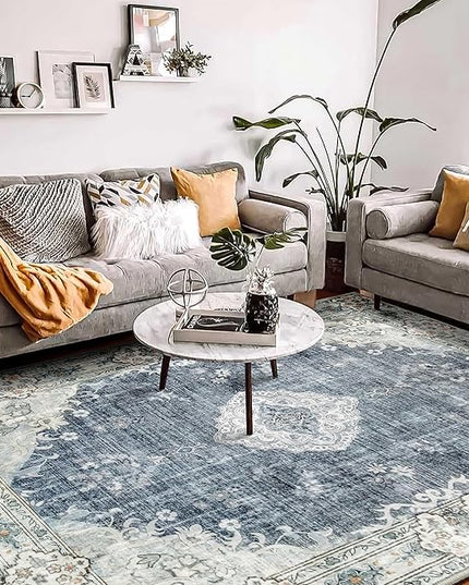 MUJOO Blue Grey Rug 8'x10' Rugs for Living Room Large Washable Area Rug Boho Rug for Bedroom Non Slip Vintage Abstract Soft Low-Pile Floral Flowers