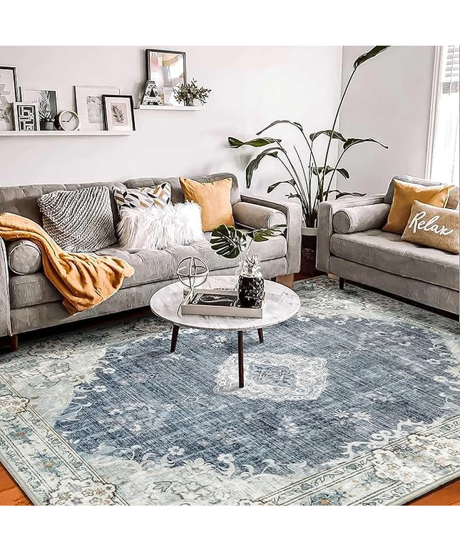 MUJOO Blue Grey Rug 8'x10' Rugs for Living Room Large Washable Area Rug Boho Rug for Bedroom Non Slip Vintage Abstract Soft Low-Pile Floral Flowers