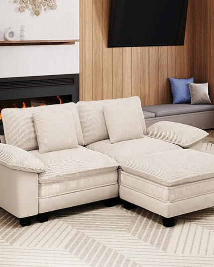 87-Inch L Shaped Sectional Sofa with Cloud Cushions, Deep Seat Modular Couch Set w/ 3 Seats & 1 Ottomans, Removable Arms, Chenille & Corduroy Upholstery for Living Room, Apartment - Beige