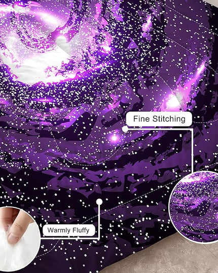 3D Galaxy Girls Comforter Set Full Size Boys Purple Universe Bedding Set Outer Space Starry Sky Bed Set for Boys Kids Microfiber Glitter Comforter Set Bed in A Bag Soft Outer Space Quilt Set