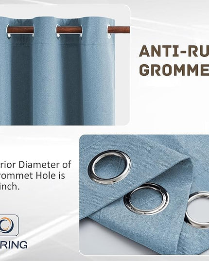 100% Blackout Linen Textured Curtains for Children's Room, Bedroom, Light Weight Curtains with Grommets Top, Full Blackout Curtains Privacy Protection, Light Blue, 52" W x 63" L, 2 Panels